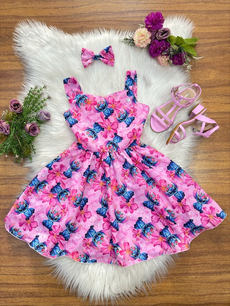 Vestido infantil de Lilo Stitch y Angel con lazo rosa colorido