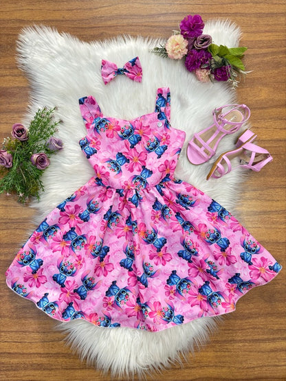 Vestido infantil de Lilo Stitch y Angel con lazo rosa colorido