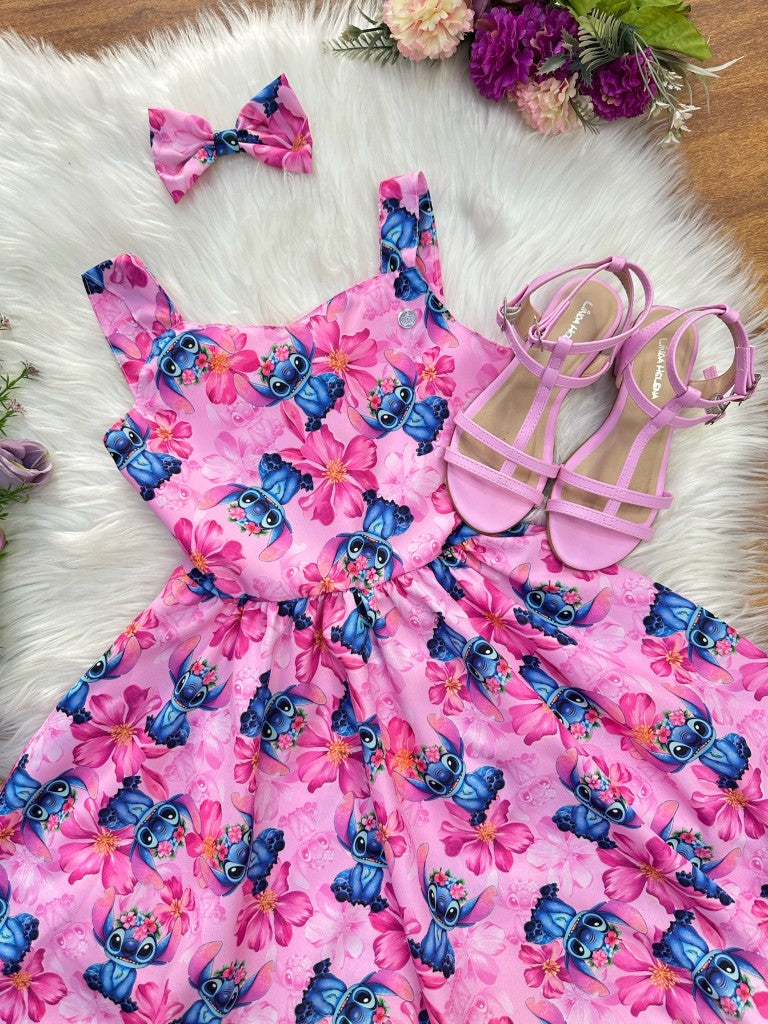 Vestido infantil de Lilo Stitch y Angel con lazo rosa colorido