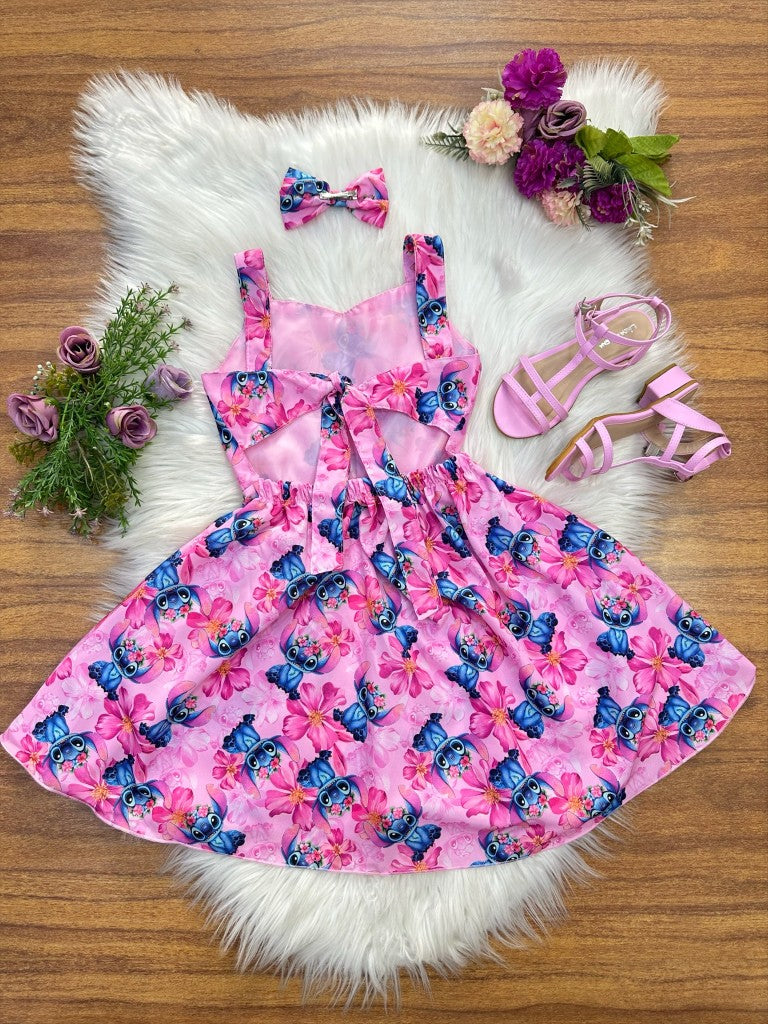 Vestido infantil de Lilo Stitch y Angel con lazo rosa colorido
