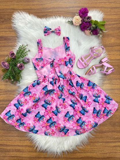 Vestido infantil de Lilo Stitch y Angel con lazo rosa colorido