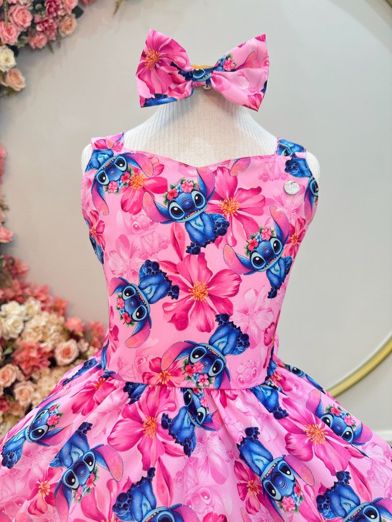 Vestido infantil de Lilo Stitch y Angel con lazo rosa colorido