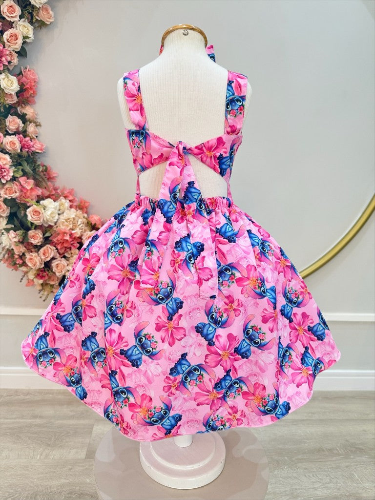 Vestido infantil de Lilo Stitch y Angel con lazo rosa colorido