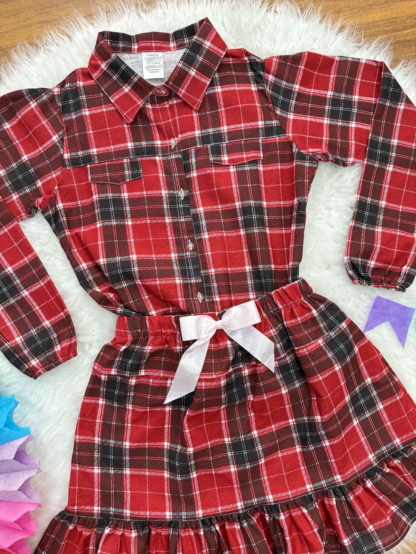 Conjunto de franela para adulto, camisa Junino y falda a cuadros, color rojo y colorido
