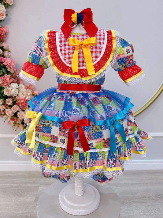 Vestido Infantil Junino Arraiá Caipira con Estampado de Colores