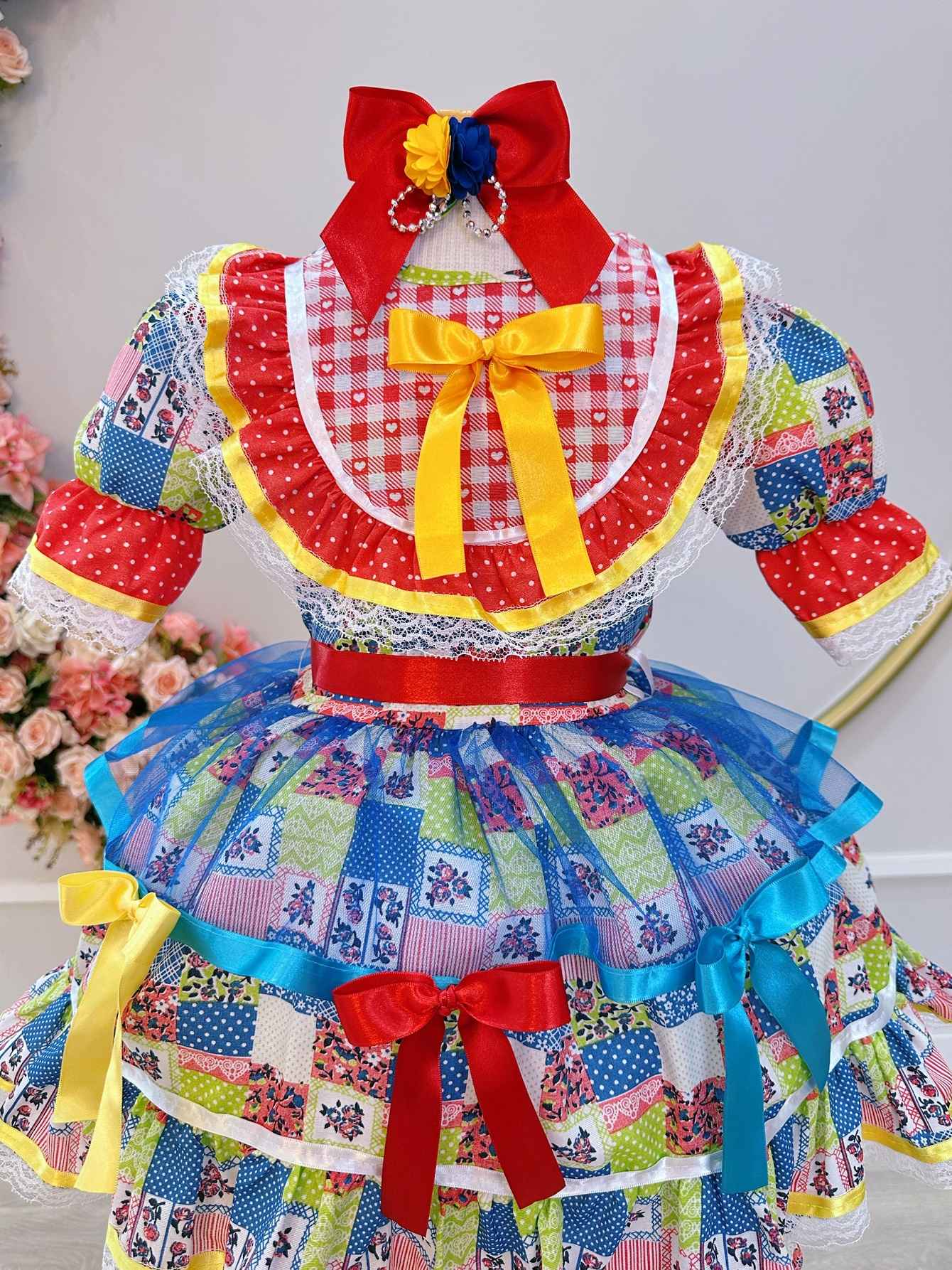 Vestido Infantil Junino Arraiá Caipira con Estampado de Colores