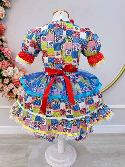 Vestido Infantil Junino Arraiá Caipira con Estampado de Colores