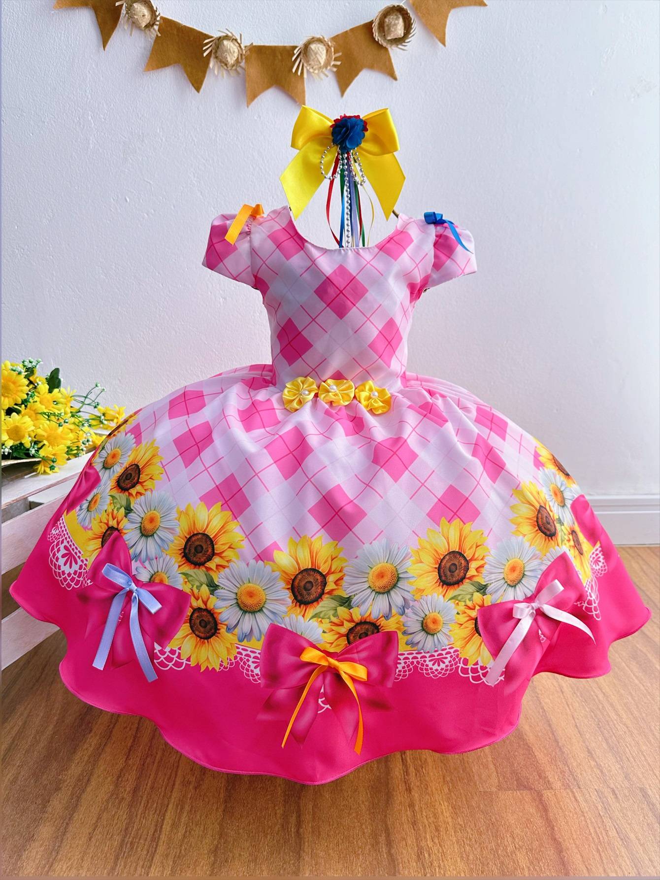 Vestido infantil de fiesta de junio, Día de San Juan, cuadros rosas, girasol