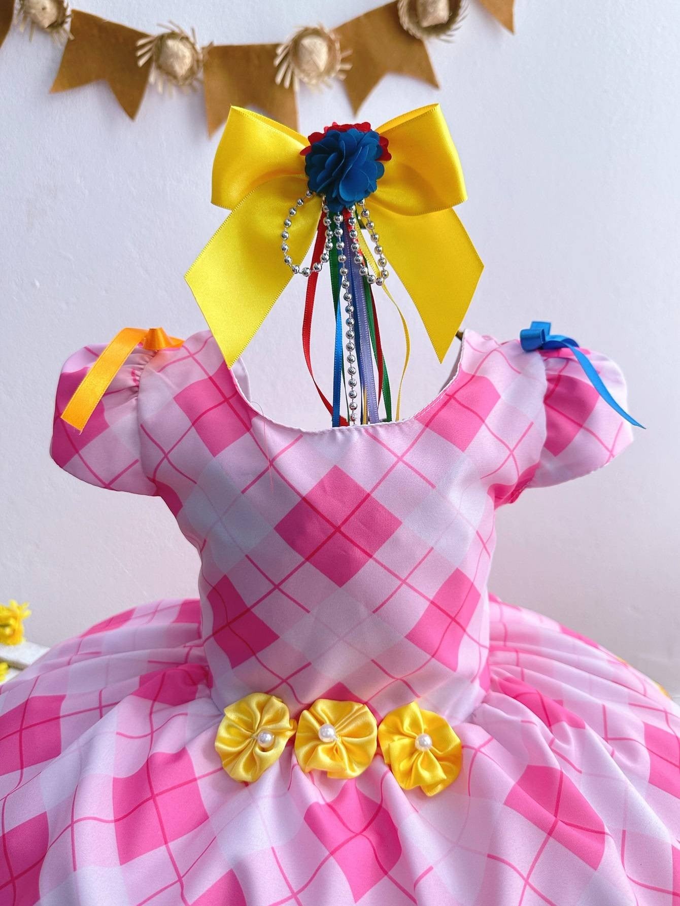 Vestido infantil de fiesta de junio, Día de San Juan, cuadros rosas, girasol