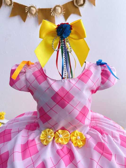 Vestido infantil de fiesta de junio, Día de San Juan, cuadros rosas, girasol