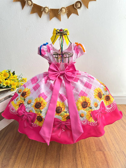 Vestido infantil de fiesta de junio, Día de San Juan, cuadros rosas, girasol