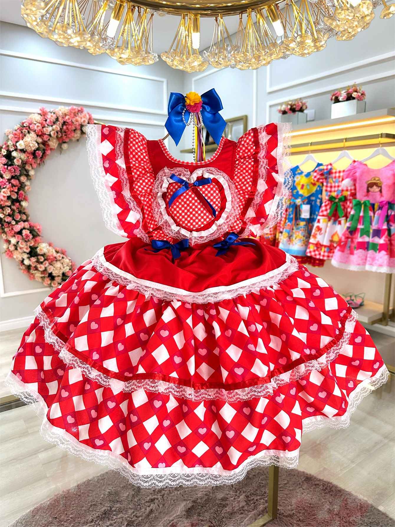 Vestido Caipira Junino Infantil Rojo con Diseño de Corazones