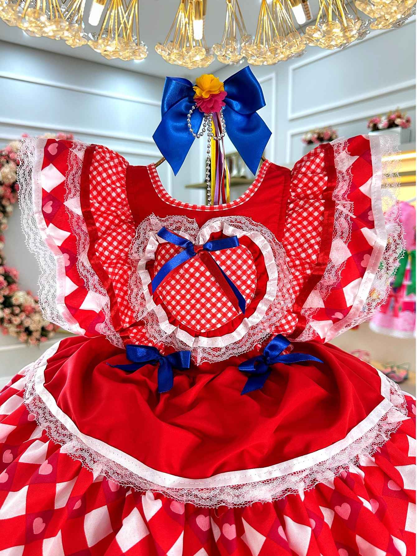 Vestido Caipira Junino Infantil Rojo con Diseño de Corazones