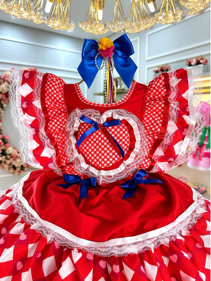 Vestido Caipira Junino Infantil Rojo con Diseño de Corazones