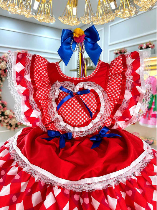 Vestido Caipira Junino Infantil Rojo con Diseño de Corazones