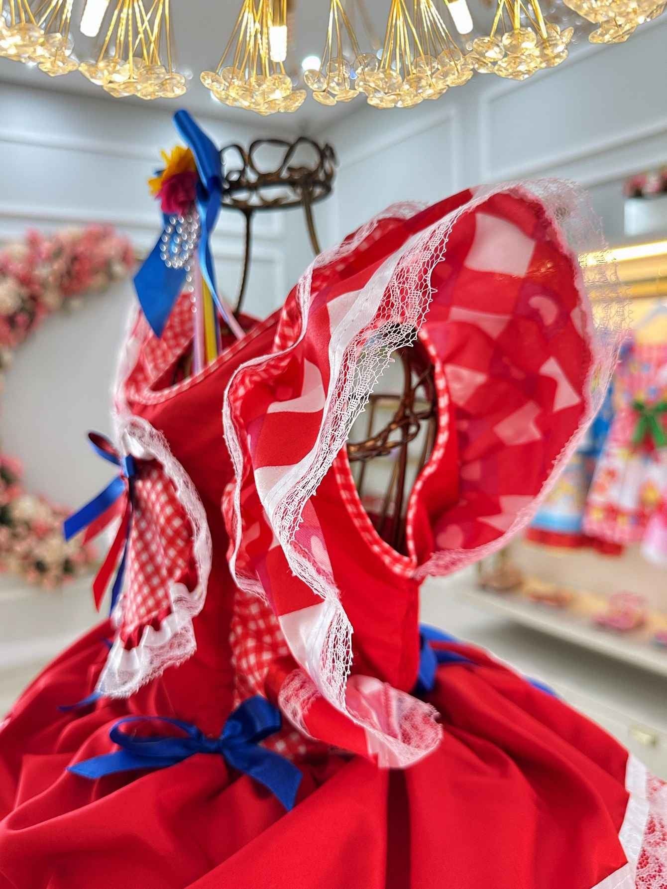 Vestido Caipira Junino Infantil Rojo con Diseño de Corazones
