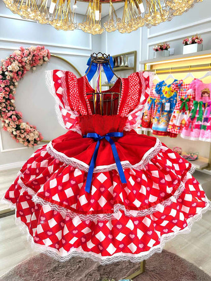 Vestido Caipira Junino Infantil Rojo con Diseño de Corazones