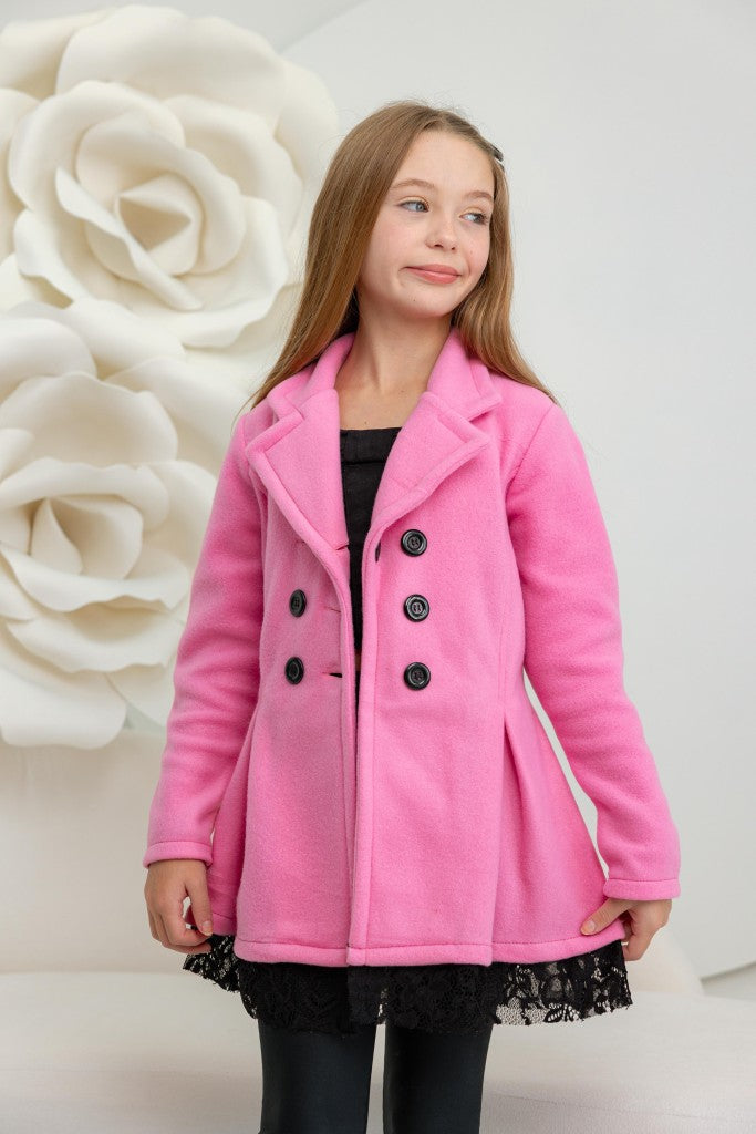 Abrigo infantil de encaje suave con botón rosa chicle