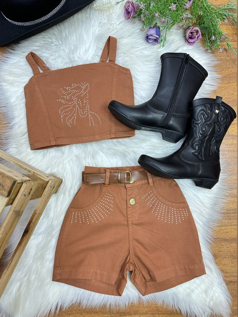 Conjunto infantil de blusa y pantalón corto informal de sarga marrón Boiadeira