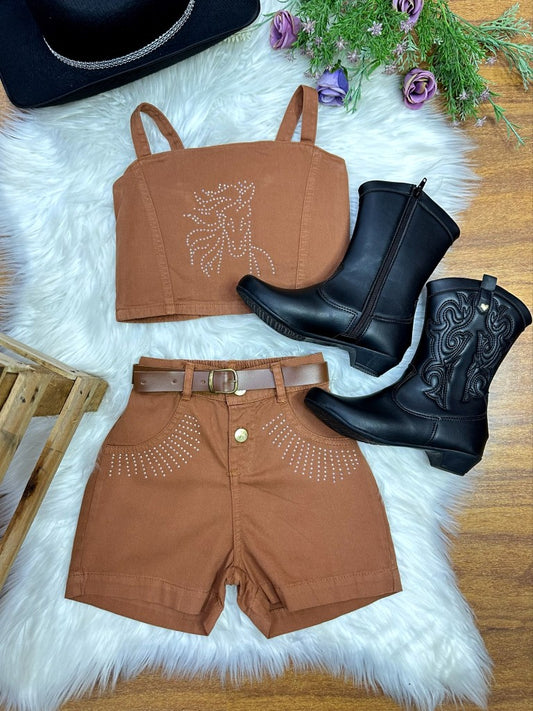 Conjunto infantil de blusa y pantalón corto informal de sarga marrón Boiadeira