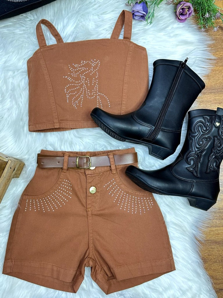 Conjunto infantil de blusa y pantalón corto informal de sarga marrón Boiadeira