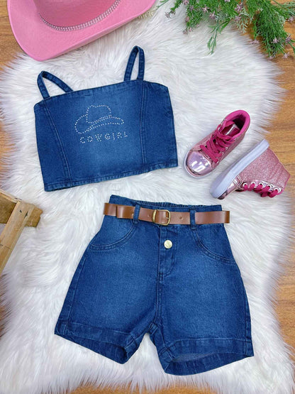 Conjunto infantil de blusa boiadeira informal y pantalones vaqueros cortos