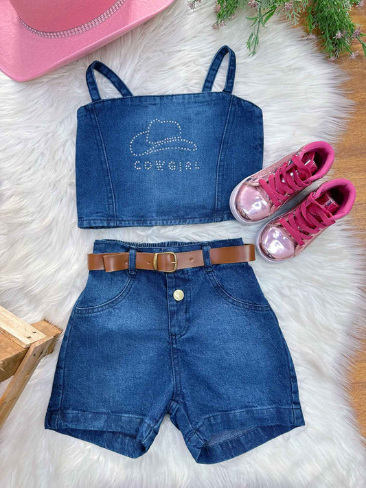 Conjunto infantil de blusa boiadeira informal y pantalones vaqueros cortos