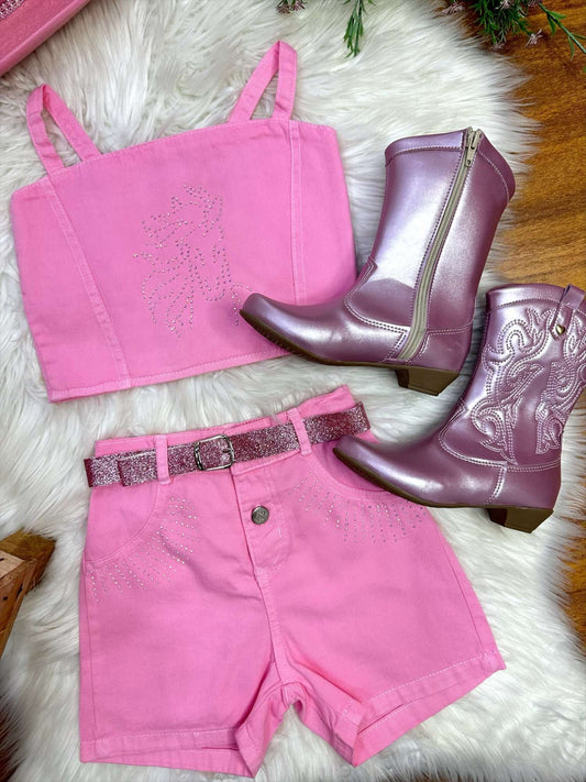 Conjunto infantil casual de blusa y pantalón corto de sarga rosa tipo boiadeira