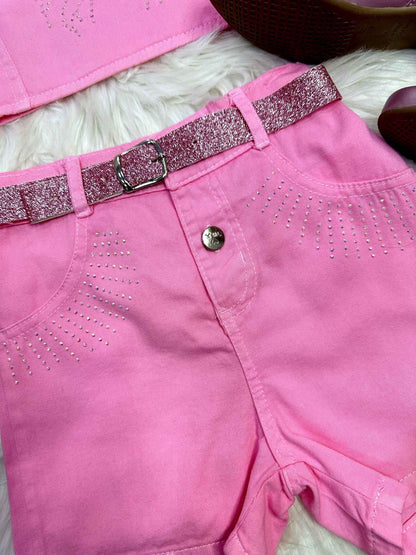 Conjunto infantil casual de blusa y pantalón corto de sarga rosa tipo boiadeira