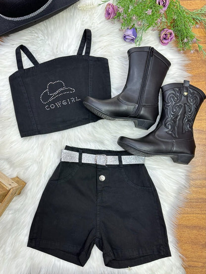 Conjunto infantil - Blusa y pantalón corto de sarga negra - Boiadeira Casual