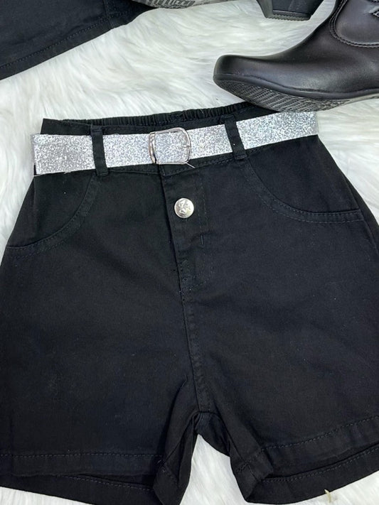 Conjunto infantil - Blusa y pantalón corto de sarga negra - Boiadeira Casual