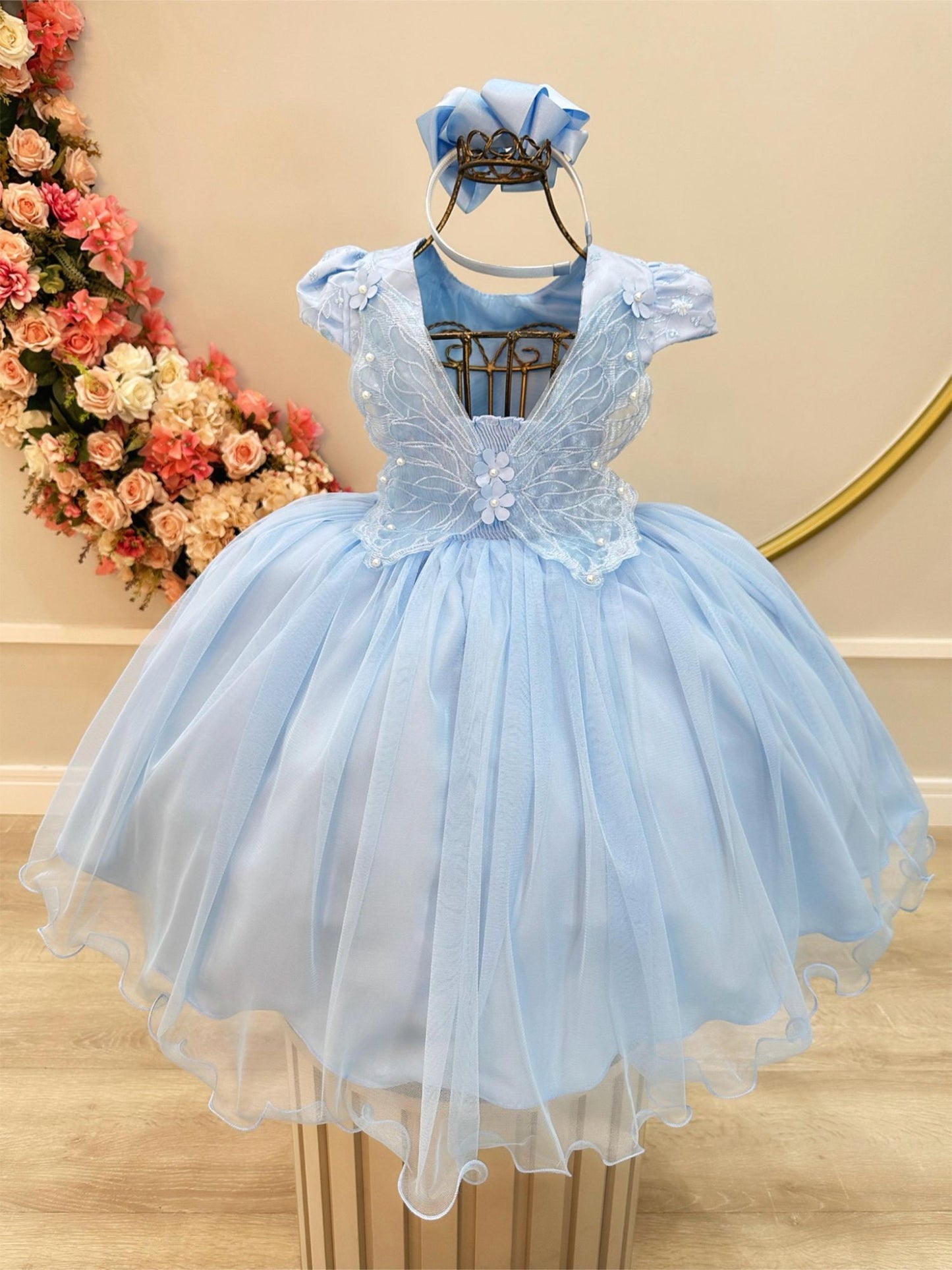 Vestido infantil azul claro con encaje Jardín Encantado