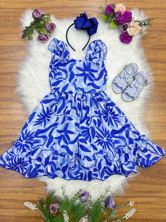 Vestido infantil informal de primavera con estampado floral azul 