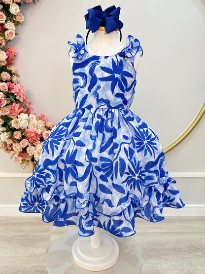 Vestido infantil informal de primavera con estampado floral azul 