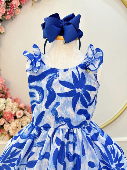 Vestido infantil informal de primavera con estampado floral azul 