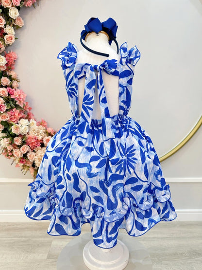Vestido infantil informal de primavera con estampado floral azul 