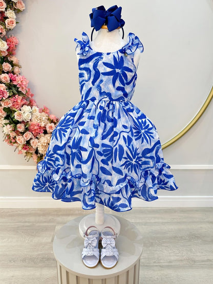 Vestido infantil informal de primavera con estampado floral azul 