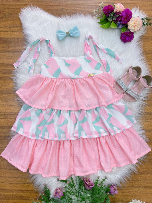 Vestido casual de primavera para niños en color rosa claro y colorido 