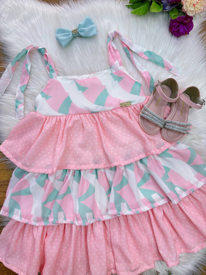 Vestido casual de primavera para niños en color rosa claro y colorido 