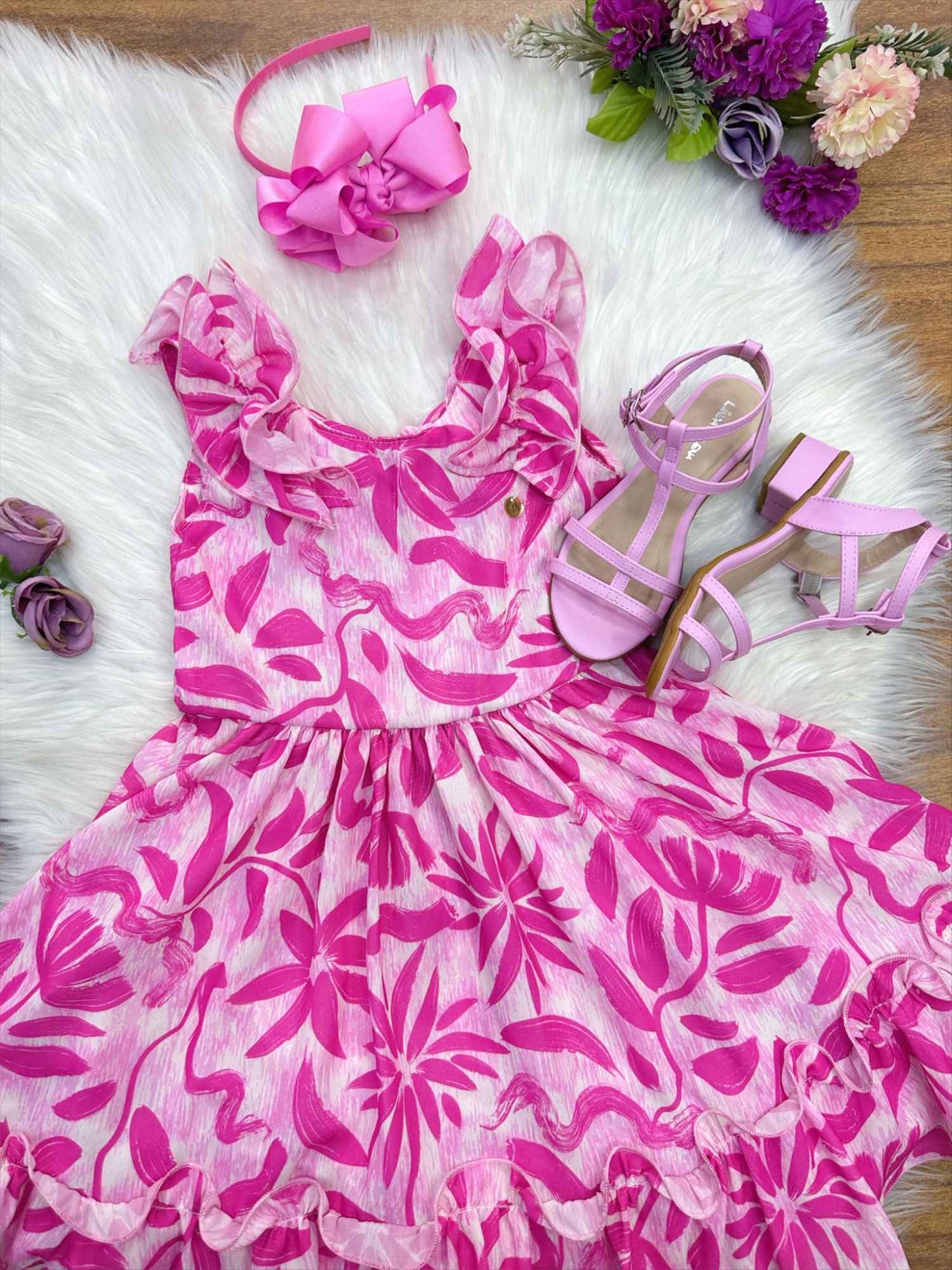 Vestido Infantil Casual Primavera Rosa Chiclete Florido
