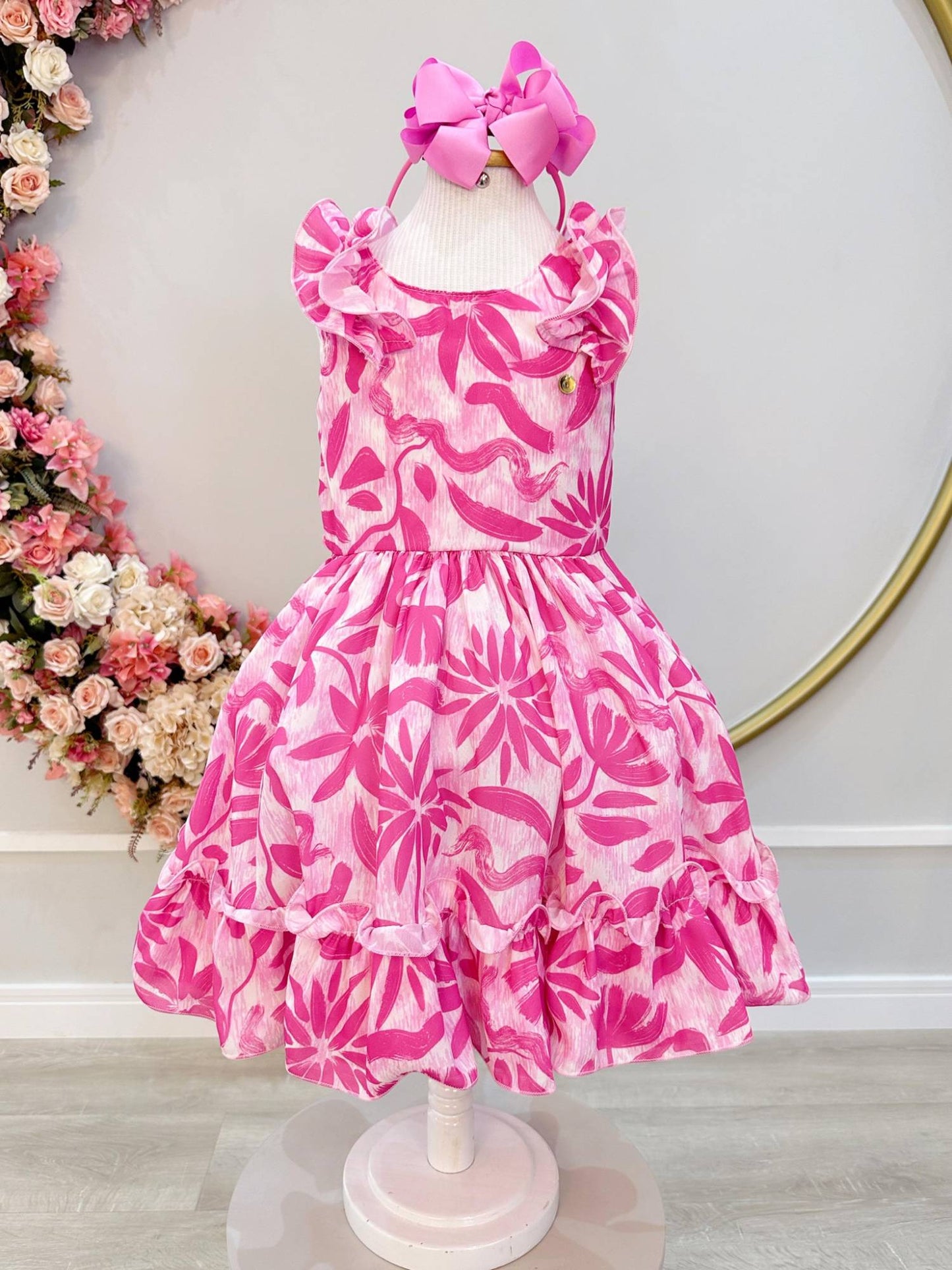 Vestido Infantil Casual Primavera Rosa Chiclete Florido