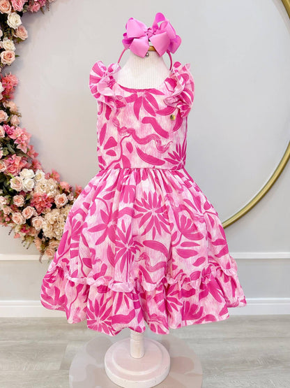 Vestido infantil informal de primavera con estampado floral rosa chicle 
