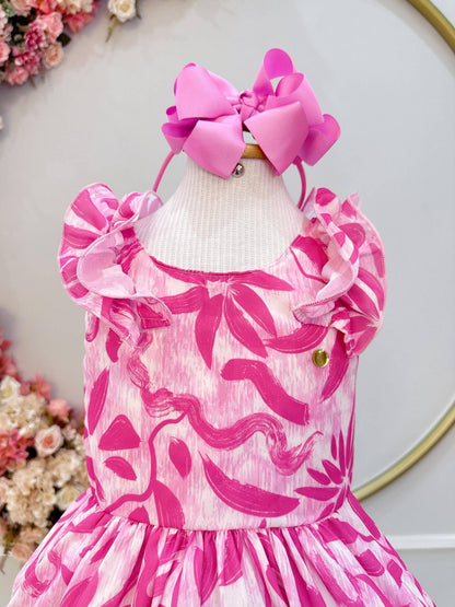 Vestido infantil informal de primavera con estampado floral rosa chicle 
