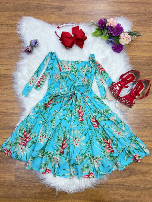 Vestido infantil casual de primavera azul floral colorido de lujo 