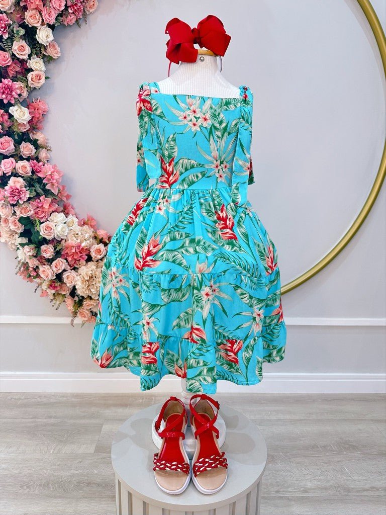 Vestido Infantil Casual Primavera Azul Florido Colorido Luxo