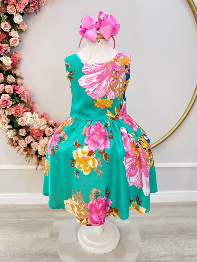 Vestido Infantil Casual Primavera Verão Verde Florido