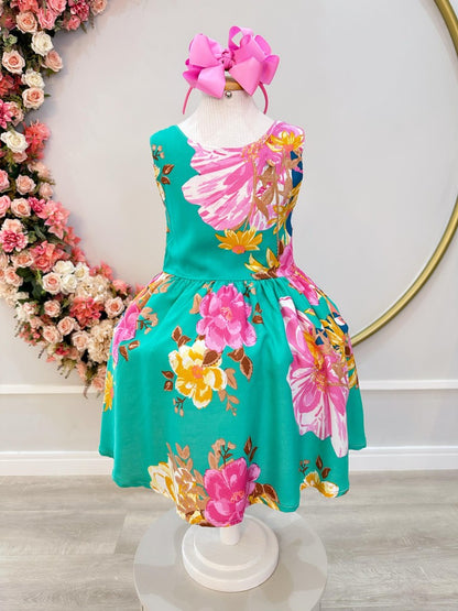 Vestido infantil informal de primavera y verano con estampado floral verde 