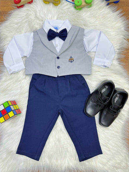 Conjunto Formal: Pantalón, Chaleco, Corbata Gris y Camisa Blanca 