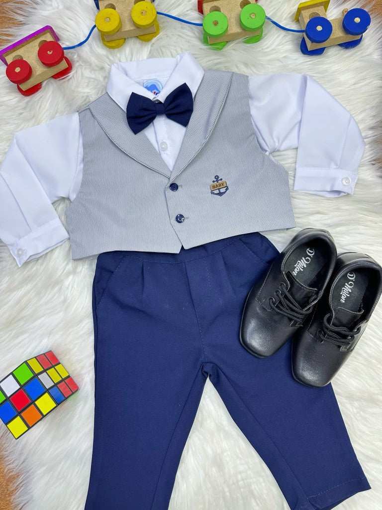 Conjunto Formal: Pantalón, Chaleco, Corbata Gris y Camisa Blanca 