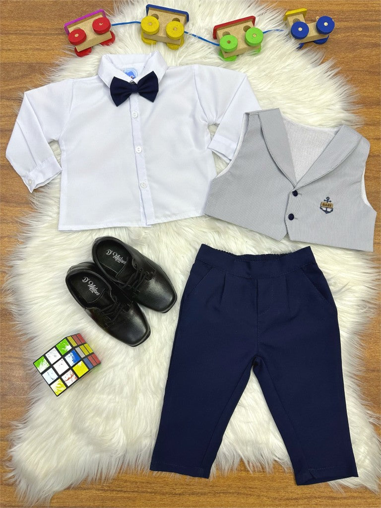 Conjunto Formal: Pantalón, Chaleco, Corbata Gris y Camisa Blanca 